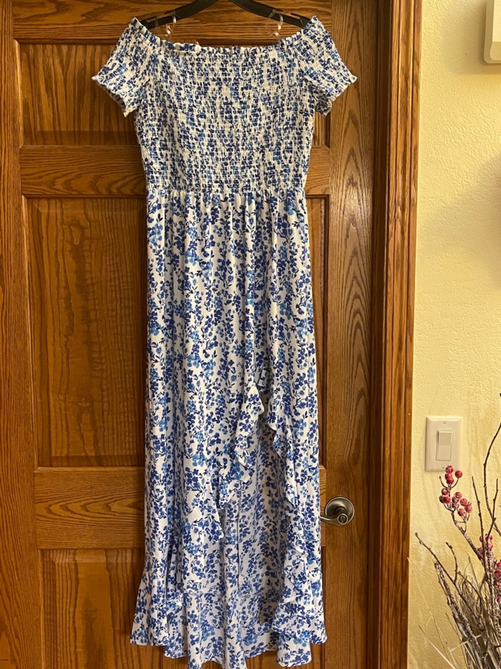 Blue & White Floral Off-Shoulder Smocked Dress